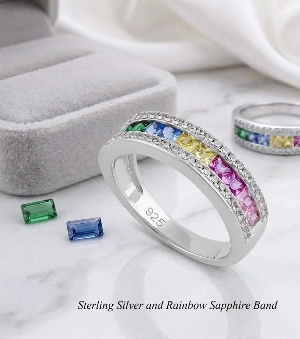 Sterling Silver Rainbow Sapphire Multi Gemstone Eternity Band Ring Size 8 New